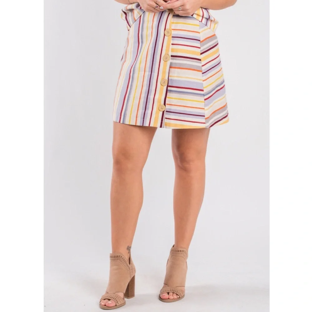 Lush Rainbow Striped Front Button Linen Micro Mini Skirt - Picture 2 of 8